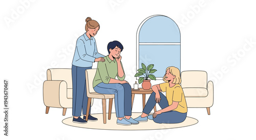 Three people in a room discussing problems.