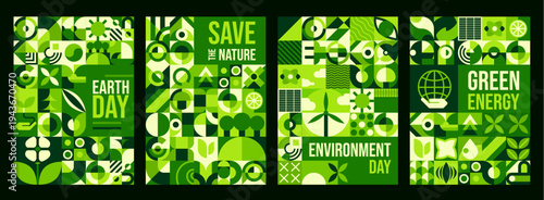 Environment ecology with geometric nature Bauhaus pattern. Nature saving abstract pattern vector flyer, environment day card. Ecology protection banner or Earth pollution poster with Bauhaus shapes