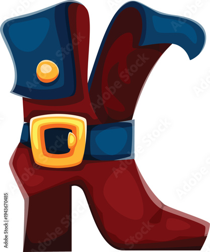 Pirate font cartoon leather boot letter K. Maritime typeset element, pirate nautical typeface vector letter. Piracy marine sailing font sign or symbol with pirate shoe, costume element