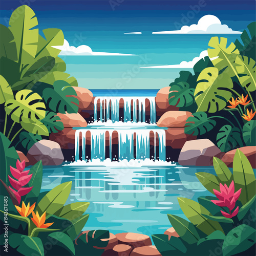 Tropical waterfall scene with lush foliage, flowers, and blue water