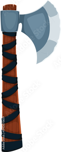 Cartoon pirate axe cold steel arms and weapon with curved steel blade and wooden handle wrapped with rope. Cold steel maritime weapon. Isolated vector corsair ax, pirate equipment for war and battle