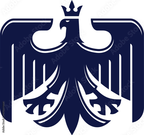 Medieval eagle bird with crown, heraldic royal emblem. Hawk medieval coat of arms vector emblem, falcon vintage crest symbol. Eagle bird of pray icon or sign with spread wings feather and golden crown