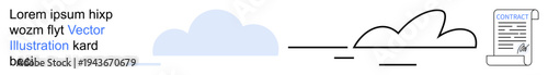 Digital communication, cloud services, minimal design, data storage, conceptual art, networking. Simple cloud sketches and document icon with placeholder text. Digital communication and cloud