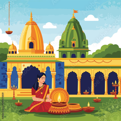 Woman lighting lamps in front of a temple