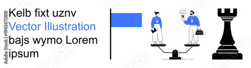 Business strategy, decision-making, balance, teamwork, innovation, problem-solving. Two figures on scales with a lightbulb and chess rook. Business strategy and decision-making concepts
