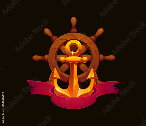 Cartoon pirate heraldry icon, game asset with anchor, ship wheel and red ribbon. Vector fantasy nautical maritime heraldry piracy navigation symbol with golden metal armature and wooden boat helm