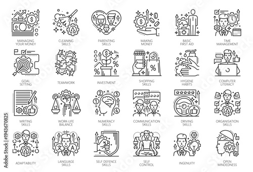 Life skill line icons of personal success, motivation strategy and self training, vector pictograms. Life skill icons of human healthy habits in teamwork, life and work balance with time management
