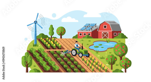 Tractor cultivating crops on a sustainable farm with renewable energy.