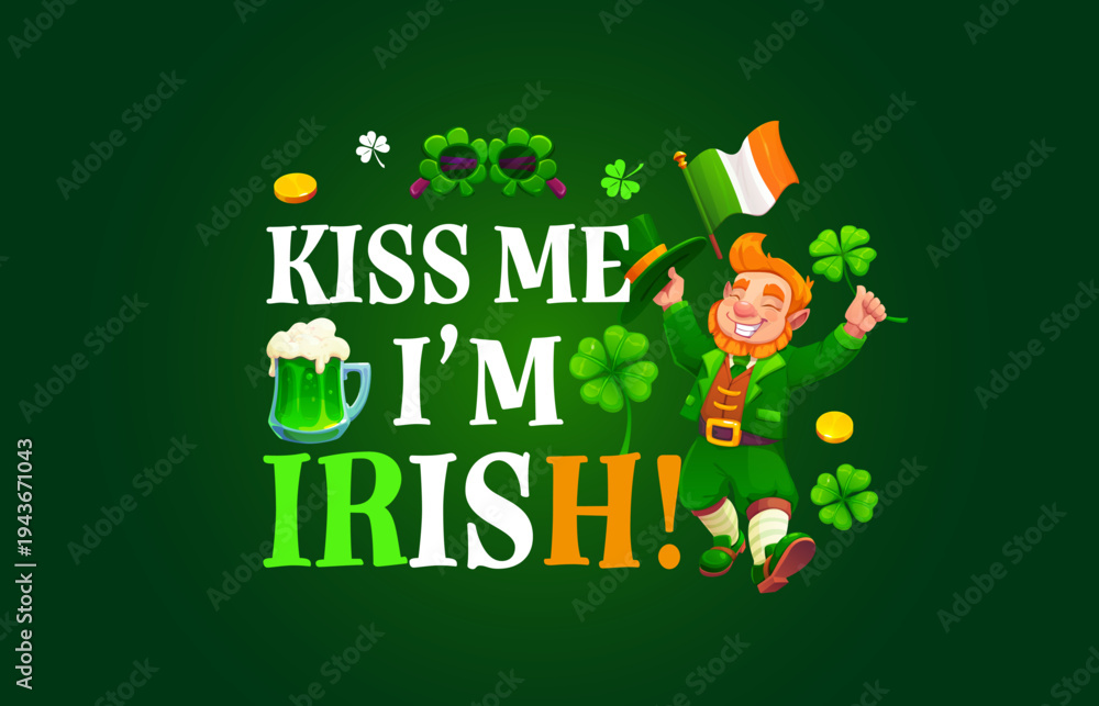 Obraz premium Kiss me i am Irish quote St Patrick's day greeting card. Irish holiday celebration vector banner or greeting card. St Patrick's quote print with leprechaun character, shamrock clovers and typography