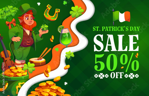 Happy St Patrick's day paper cut sale banner. Spring seasonal sale offer papercut vector banner, St Patrick's day sale flyer or price off coupon with leprechaun, coins, clovers and music instruments