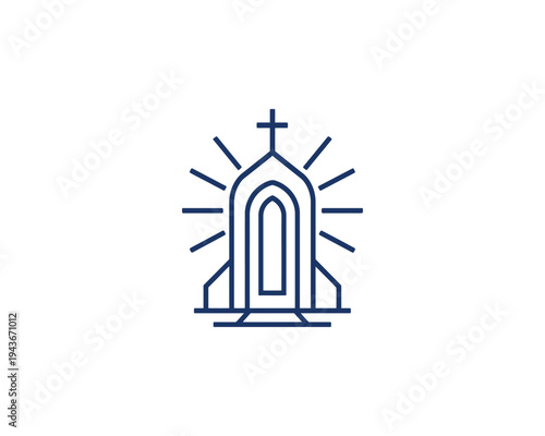 Abstract Church Building Logo with Cross and Rays Minimalist Line Art Style