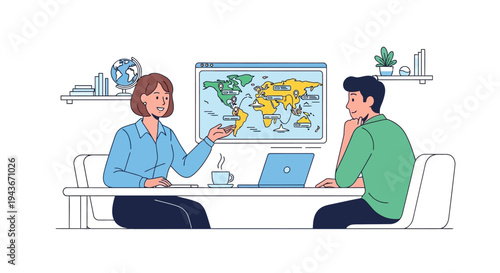 Travel agent consulting with client about world map.