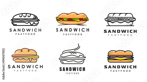 Sandwich icons of vector line fast food burger, sub sandwich, baguette, toast and bun snacks. Bread slices with meat, lettuce salad, cheese and vegetables outline symbols of fast food restaurant