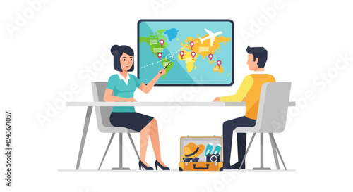 Travel agent showing world map to client.