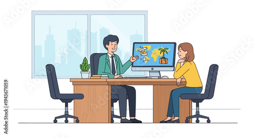 Travel agent showing world map on computer screen to client.