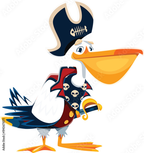 Cartoon pelican bird animal pirate captain vector character with large yellow beak, white feathers, and navy blue wings tipped with gold. Sailor, corsair seaman isolated feathered buccaneer personage
