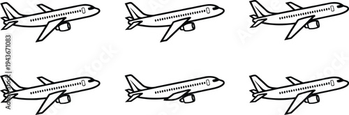 Set of 6 airplane icons vector, black and white, illustration