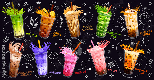 Cartoon milk bubble tea drink glasses with bright splashes. Vector pearl milk tea, boba coffee and tapioca bubble milkshake, juice or smoothie beverages served with chocolate, fruit and cream