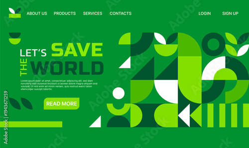 Environment ecology company landing page with geometric pattern of abstract green shapes. Website landing page vector template with Save World ecology slogan and modern minimal geometric shape pattern