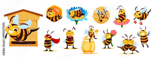 Cartoon honey bee characters, flowers, honeycombs and hive set. Vector cute honeybees flying with honey jar, pot and buckets. Yellow bee insect characters sleeping in beehive, eating nectar, working