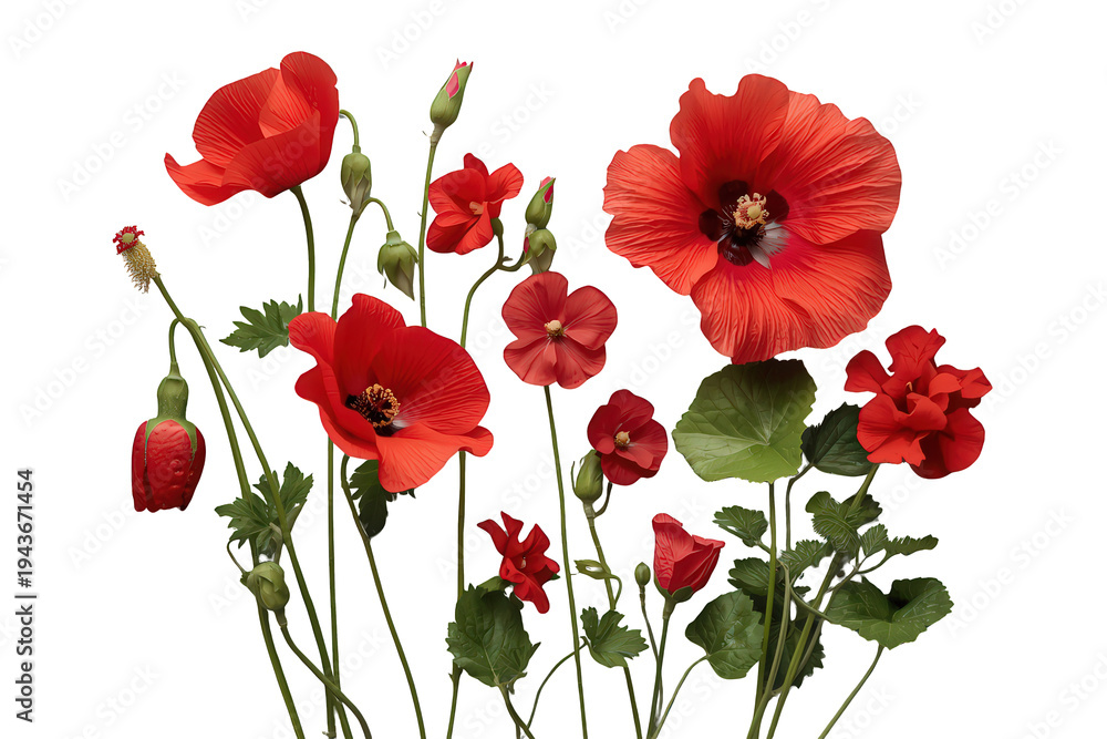 Obraz premium Red poppy flowers, opening buds, and green leaves on a transparent background, depicting growth and nature's beauty