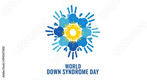 World down syndrome day awareness logo with blue and yellow hands forming a sun on white background