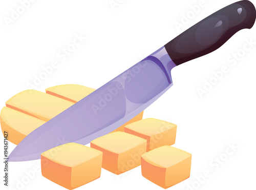 Knife dicing a potato, representing cooking preparation process. Isolated cartoon vector ripe potato vegetable tuber is being sliced with sharp knife on cubes. Culinary, kitchen, home food meals cook