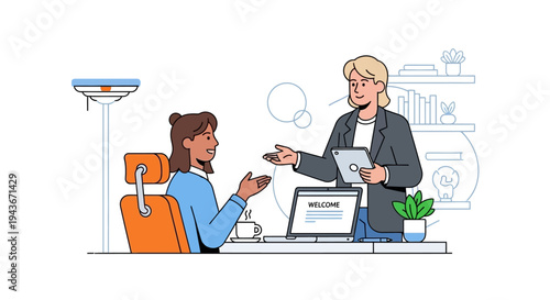 Two business people collaborating in an office setting.