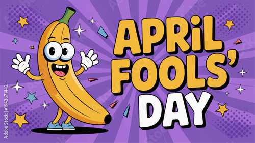 Cartoon banana character celebrates april fools' day with colorful confetti on purple background