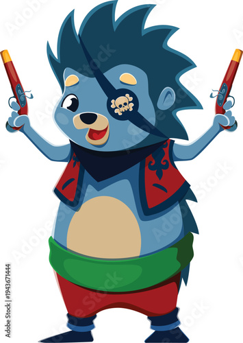 Cartoon hedgehog animal pirate crew character dressed as a corsair, wearing eye patch and holding a flintlock guns, standing upright with a smile. Isolated vector adorable swashbuckling personage