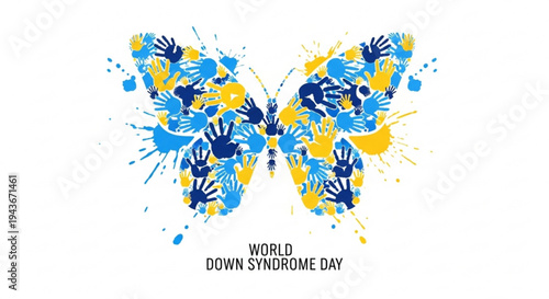 World down syndrome day awareness butterfly with blue and yellow hands print