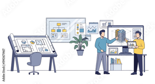 Two architects collaborating on a building design project.