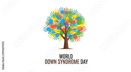 Colorful tree illustration for world down syndrome day awareness with vibrant multicolored leaves and brown trunk on white background