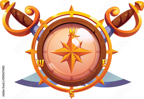 Cartoon pirate compass heraldry emblem or icon with rose of winds, crossed swords and nautical symbols. Fantasy vector game asset for sea adventure, navigation quest and maritime menu interface