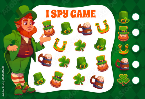 I spy game with St Patrick cookies and leprechaun character. Irish holiday riddle vector worksheet, Saint Patrick day kids puzzle or game with leprechaun hat, horseshoe and shamrock clovers cookie