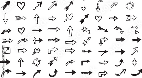 Hand drawn alphabet letters with arrow icons set vector illustration for web direction buttons cursor symbols and navigation design collection