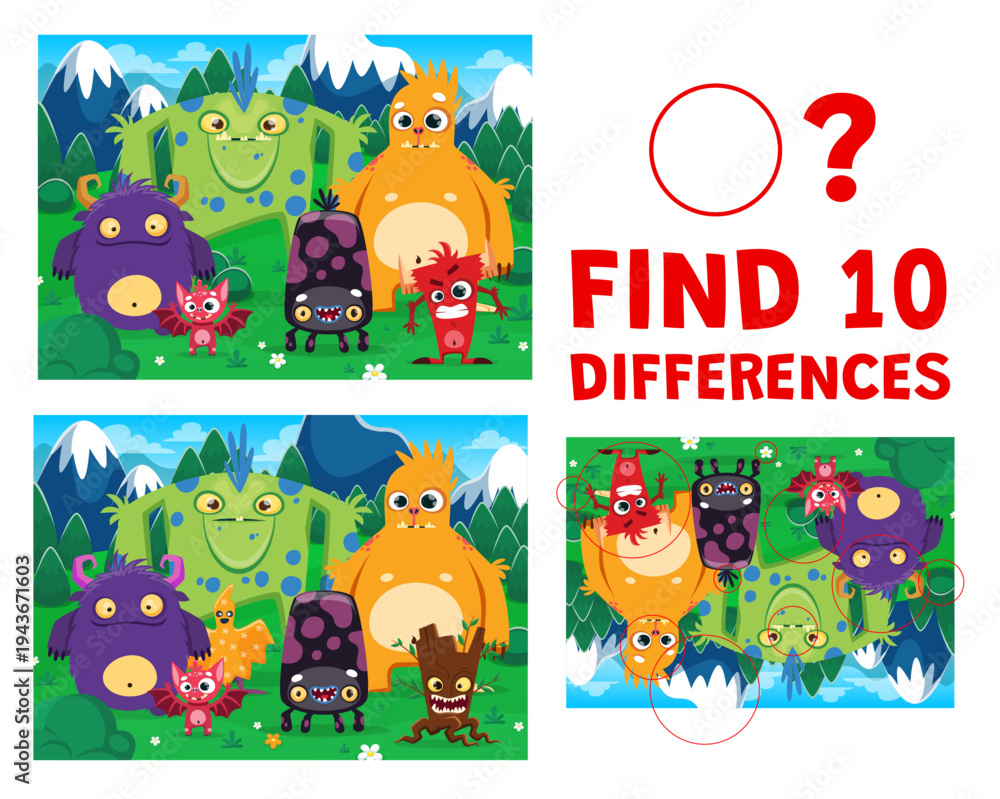 Naklejka premium Find ten differences between funny monster characters landscape. Matching details, objects comparing riddle game vector worksheet. Spotting quiz with hairy spooky monsters, creepy creatures characters