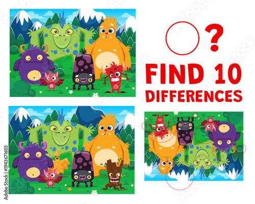 Find ten differences between funny monster characters landscape. Matching details, objects comparing riddle game vector worksheet. Spotting quiz with hairy spooky monsters, creepy creatures characters