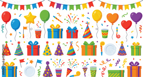 Birthday Party Celebration Vector Set with Balloons, Gift Boxes, Party Hats, Confetti, Banners, Candles, and Festive Decoration Elements Collection