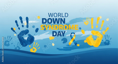 World down syndrome day awareness campaign with blue and yellow handprints on light blue background
