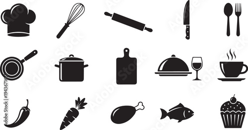 Set of kitchen tools and utensils vector icon collection including kettle cup microwave cooking equipment and household appliance symbols
