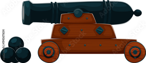 Cartoon pirate cannon, classic naval artillery weapon for maritime battle and defense, historic military equipment with metal barrel on wooden carriage with wheels and stacked round cannonballs nearby