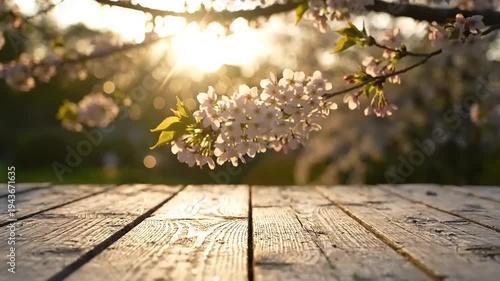 Wooden table with cherry blossoms sunlight.