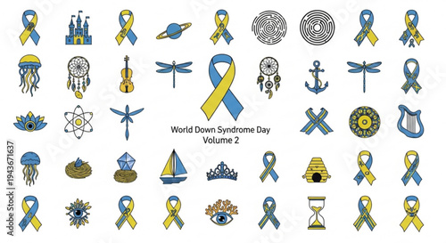 World down syndrome day awareness icons set with blue and yellow ribbons symbols and objects on white background