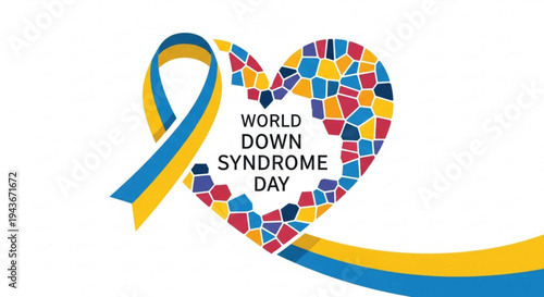 World down syndrome day awareness heart symbol with colorful mosaic and ribbon