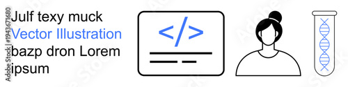 Software development, biotechnology, genetic research, digital coding, scientific innovation, female scientist. Coding tag and woman with test tube. Software development and biotechnology theme