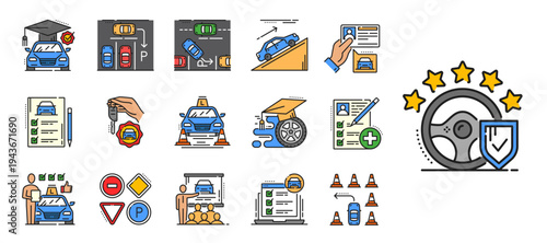 Driver school icons for vehicle driving education and car drive training, vector pictograms. Driving school color icons of car drive test for driver license, traffic rules and vehicle parking training