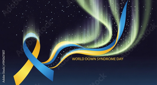 World down syndrome day awareness ribbon with aurora lights symbolizing hope and support in the night sky