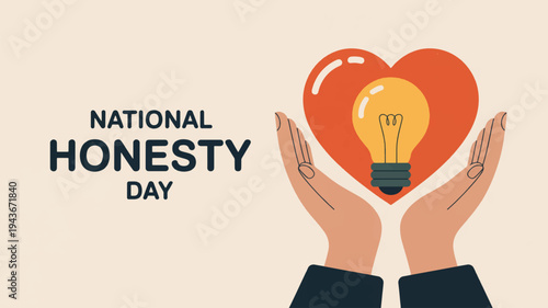 National honesty day concept with hands holding heart and lightbulb symbolizing truth and integrity in a beige background