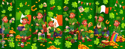 Leprechaun characters collage or vertical banner. Irish party collage vector banner, Saint Patrick holiday flyer or collage with happy leprechauns, Ireland flag, shamrock clovers, pot of gold coins
